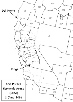 FCC PEAs with California county overlay